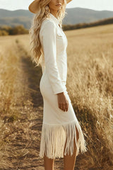 Suede Long-sleeved Zippered Slim-fit Tassel Midi Dress