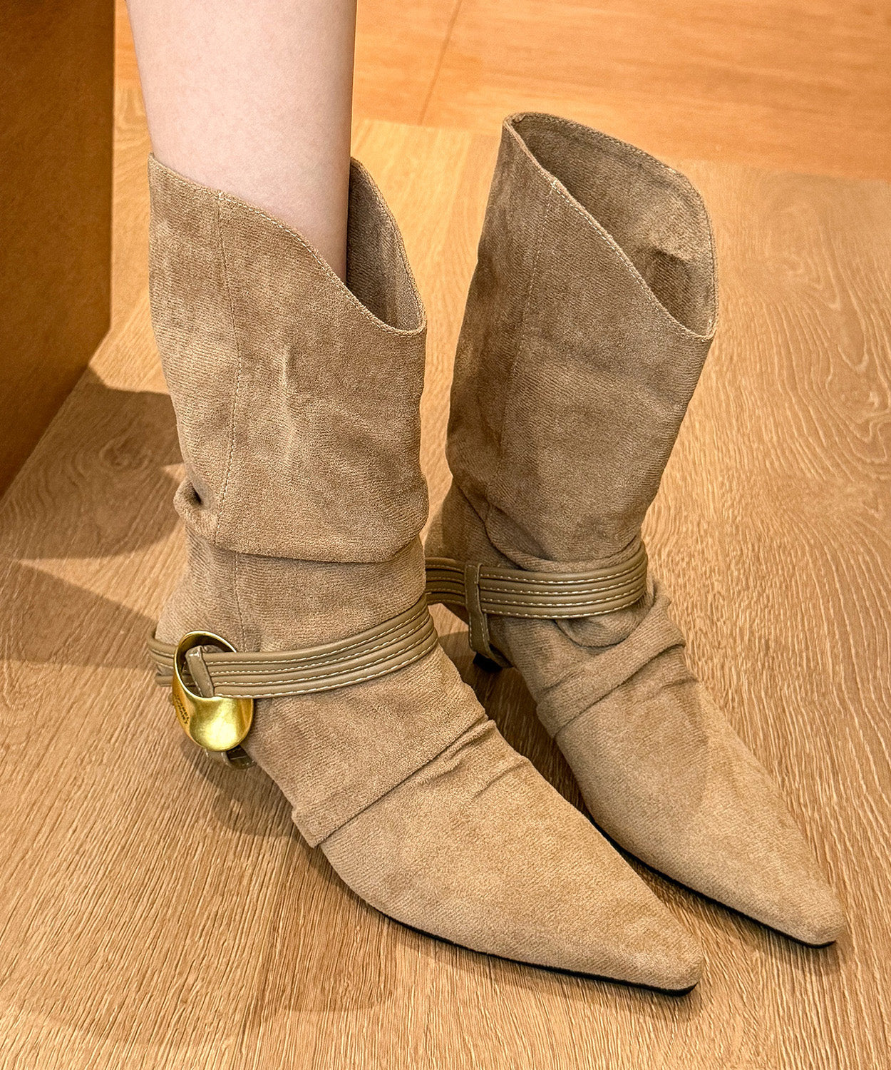 Chic Splicing High Heel Boots Black Suede Pointed Toe