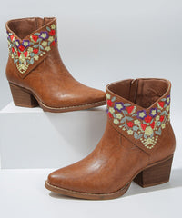 Brown Pointed Toe Splicing Faux Leather Chunky Flat Boots Embossed