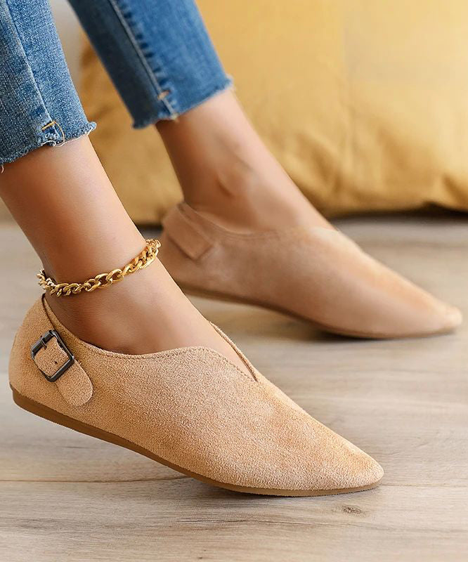 Suede Khaki Splicing Flat Shoes For Pointed Toe