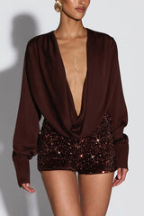 Girls Night Satin Drape Cowl Neck Shirt and Velvet Sequin Elastic Waist Shorts Set