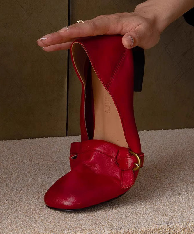 Red Chunky Shoes Cowhide Leather Comfy Splicing