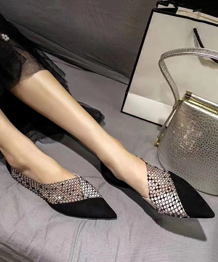 Black Pointed Toe Tulle Zircon Flat Shoes For