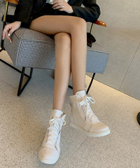 White Lace Up Splicing Cowhide Leather Flat Boots