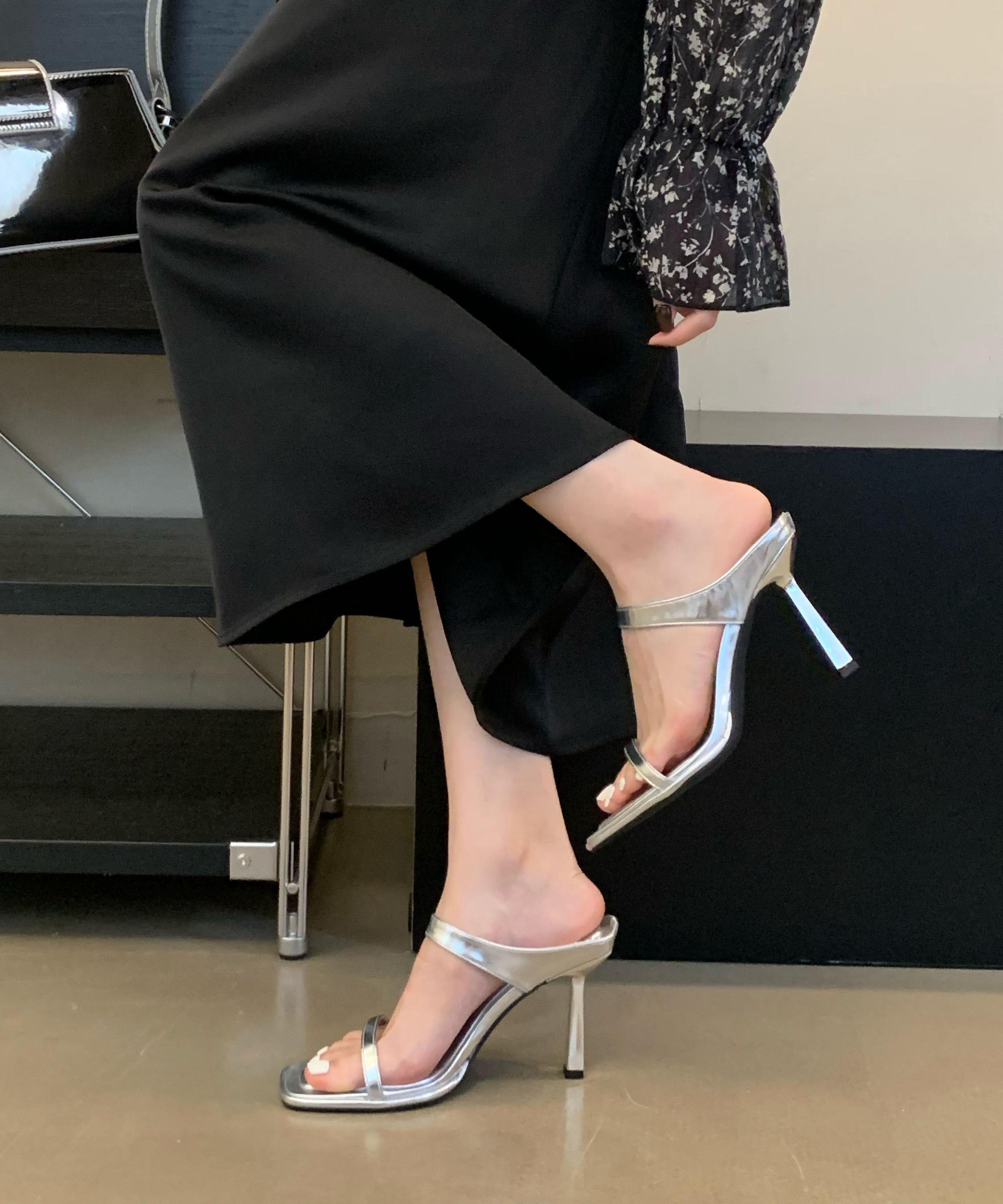 Stylish Rose Faux Leather Stiletto Slide Sandals Peep Toe