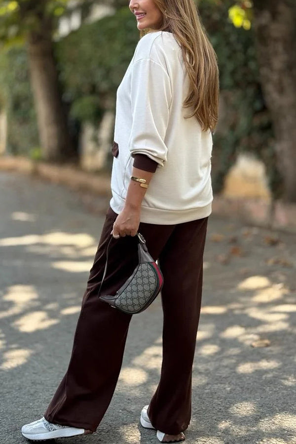 Color-blocked V-neck Knitted Button-down Cardigan and Elastic Waist Casual Wide-leg Pants Set