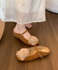 French Comfy Floral Splicing Brown Suede Slide Sandals