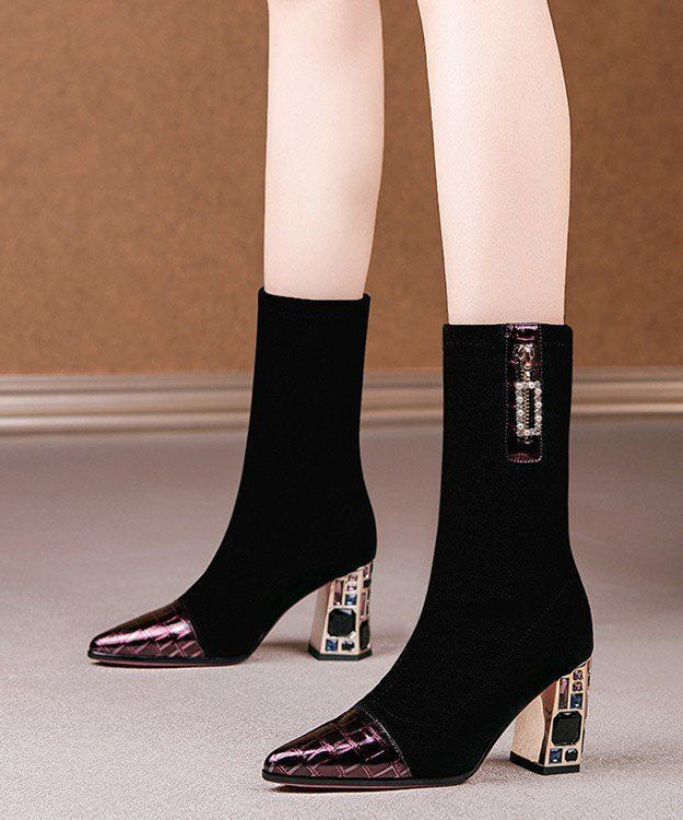 Splicing Chunky Boots Colorblock Pointed Toe