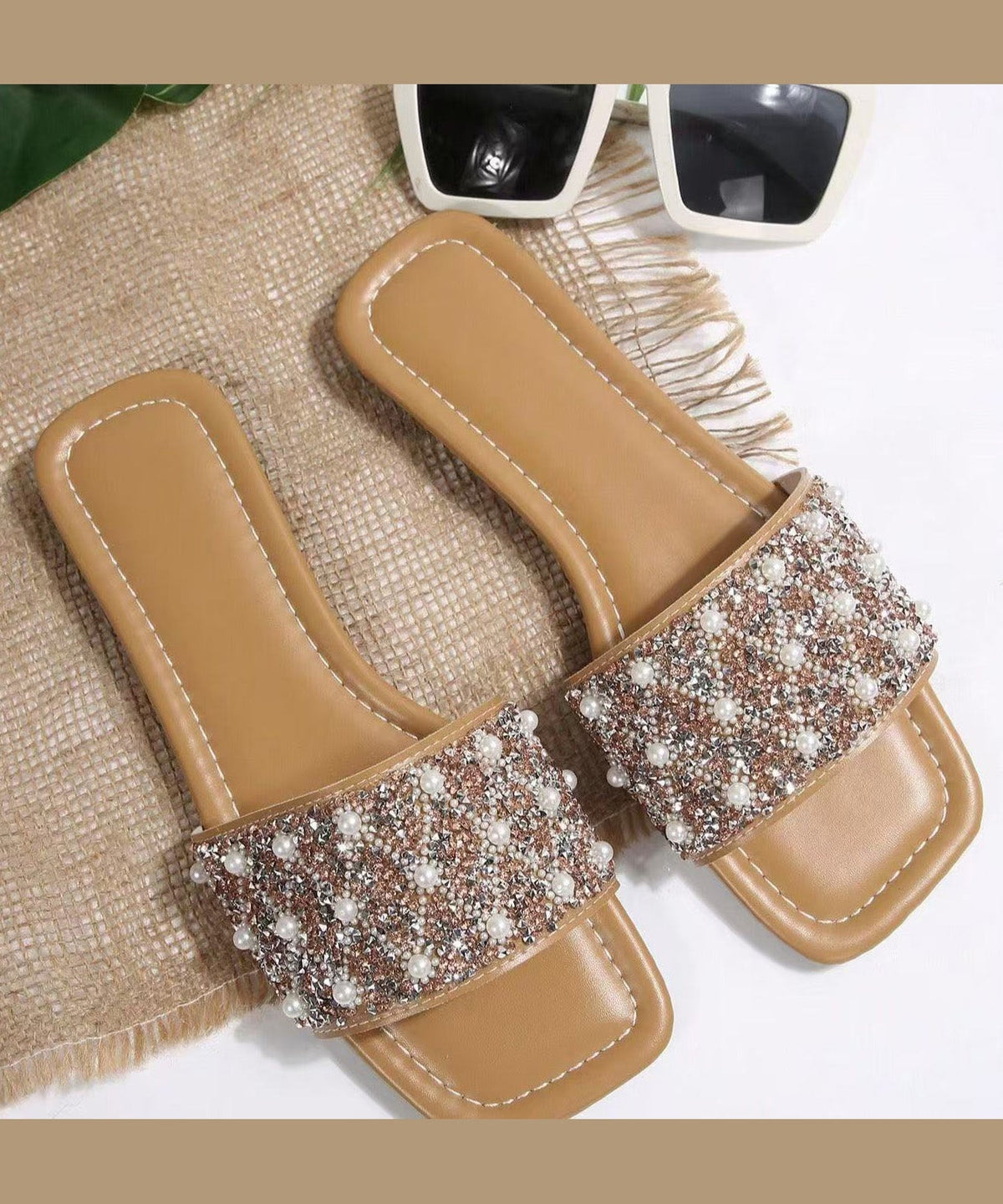 Splicing Nail Bead Apricot Faux Leather Slide Sandals