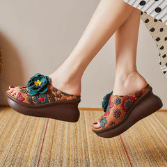 Leather Vintage Wedge Slippers