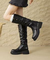 Brown Faux Leather Wrinkled Splicing Boots