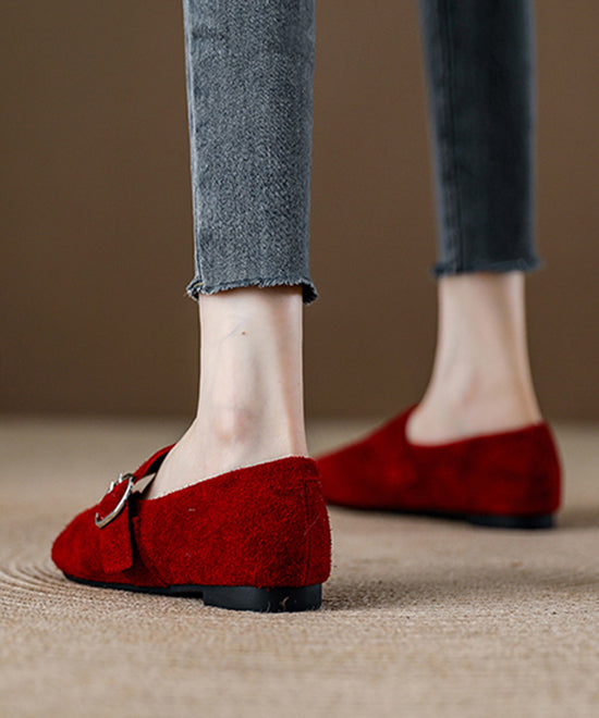 Red Suede Buckle Strap Splicing Loafer Shoes