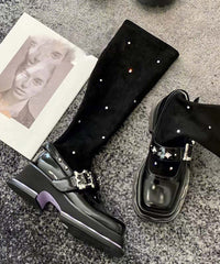 Black Platform Knit Fabric Splicing Diamond Knee Boots