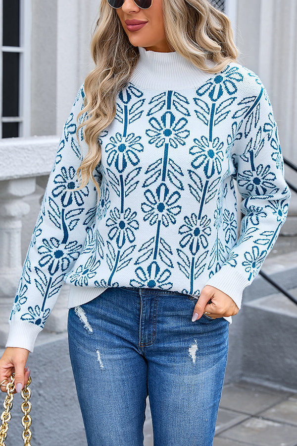 Floral Knitted Turtleneck Loose Sweater