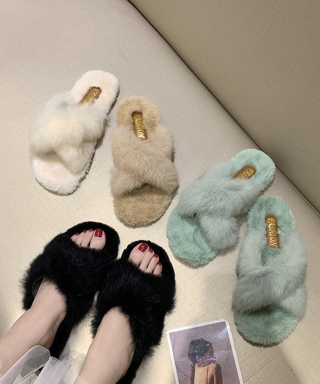 Splicing Slippers Shoes Light Green Fuzzy Fur