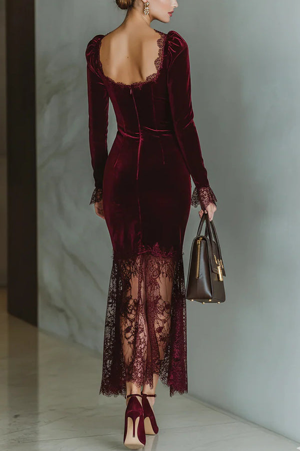 Velvet and Lace Patchwork Square Neck Long-sleeved Maxi Dress