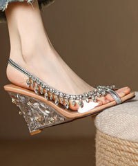 Stylish Cowhide Leather Apricot Sequins Splicing Wedge Heels Sandals