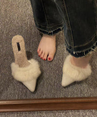 New Pink High Heels Slippers Pointed Toe Fuzzy Wool Lined