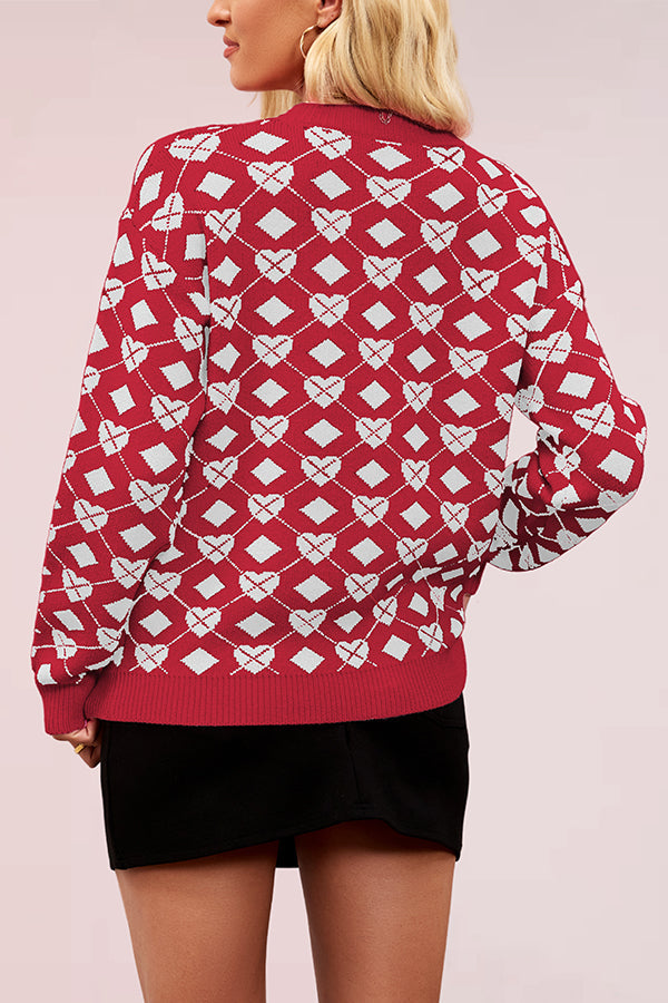 Heart-shaped Jacquard Loose Long-sleeved Knit Sweater
