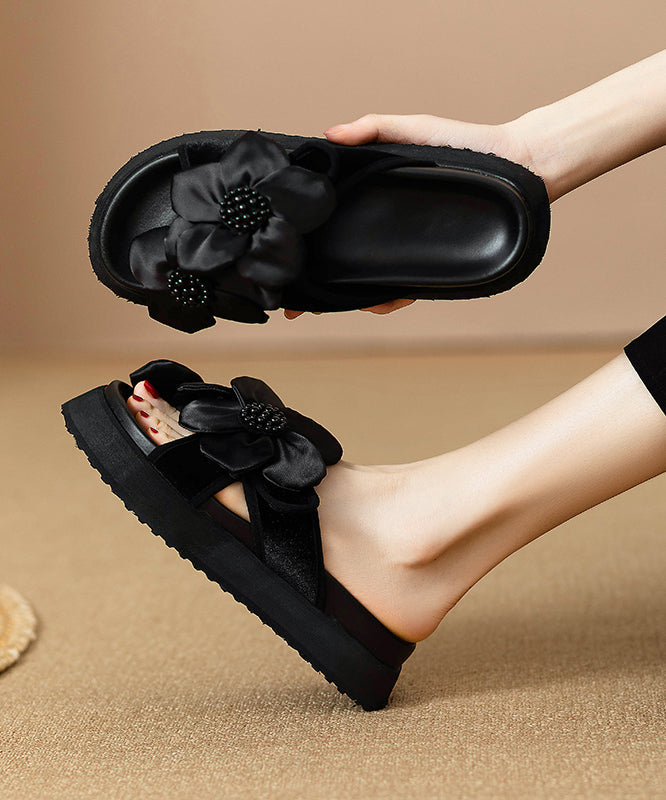 Black Platform Faux Leather Floral Splicing Slide Sandals