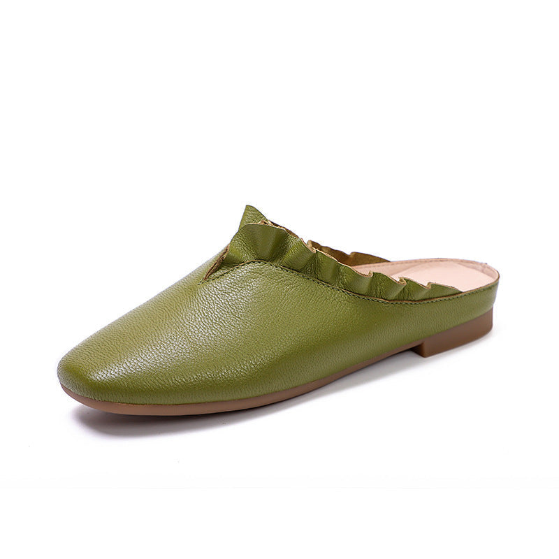 Vintage Leather Ruffle Trim Casual Slippers