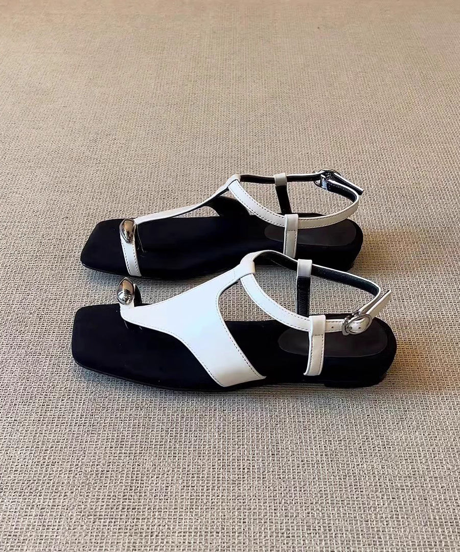 Fashion Black Faux Leather Flip Flops Flat Sandals Splicing