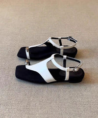 Black Faux Leather Flip Flops Flat Sandals Splicing