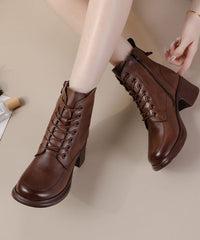 Cross Strap Chunky Boots Brown Cowhide Leather