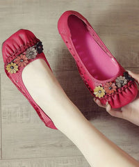 Retro Floral Splicing Flat Feet Shoes Black Cowhide Leather