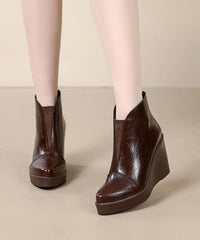 Fine Splicing Wedge Boots Brown Cowhide Leather
