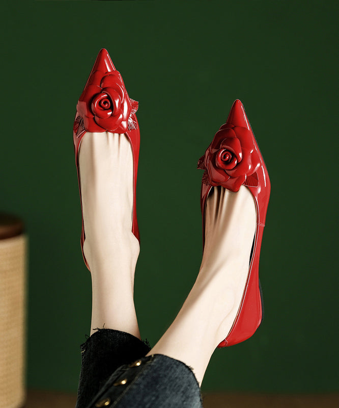 Red Floral Splicing Flat Feet Shoes Pointed Toe