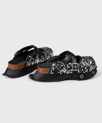 Platform Slide Sandals Black Cowhide Leather Sequins