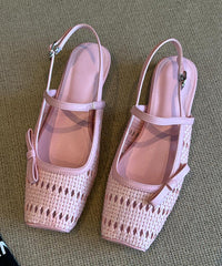 French Pink Woven Breathable Bow Chunky Heel Sandals