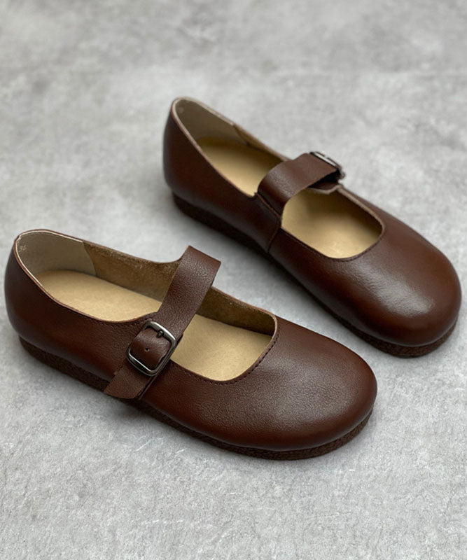Chocolate Cowhide Leather Flat Shoes For Buckle Strap Flat Shoes For Women