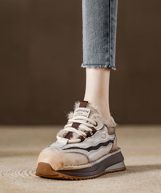 Splicing Platform Flat Feet Shoes Red Faux Leather Fuzzy Wool Lined