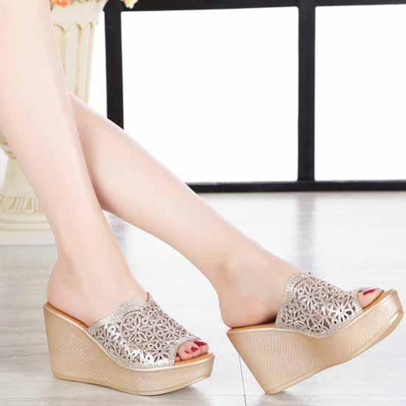 Rhinestone High Slope Heel Non-slip Sandals And Slippers Size 11 September