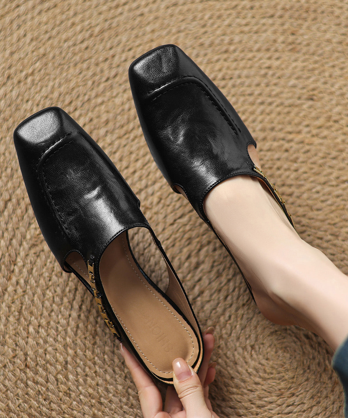 Classy Pink Splicing Cowhide Leather Wedge Slide Sandals