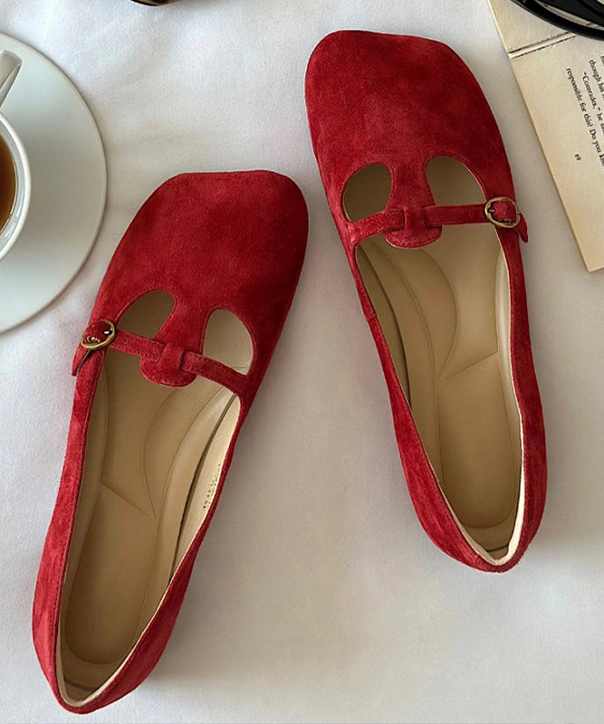 Comfortable Red Suede Splicing Flats Square Toe