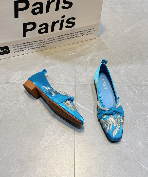 Blue Splicing Satin Embroidered Flat Feet Shoes
