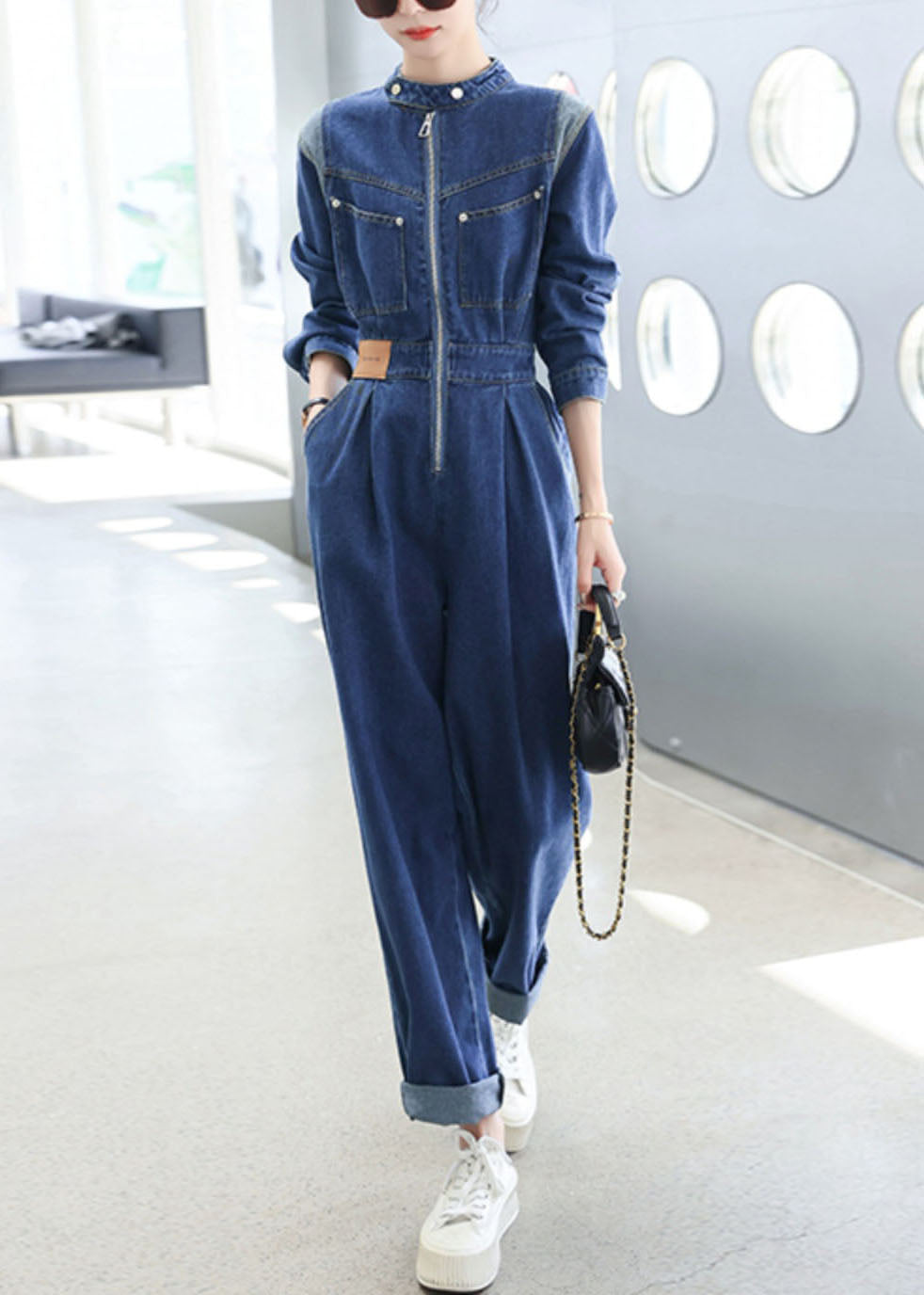 Natural Dark Blue O-Neck Patchwork Flattering Denim Jumpsuit Fall