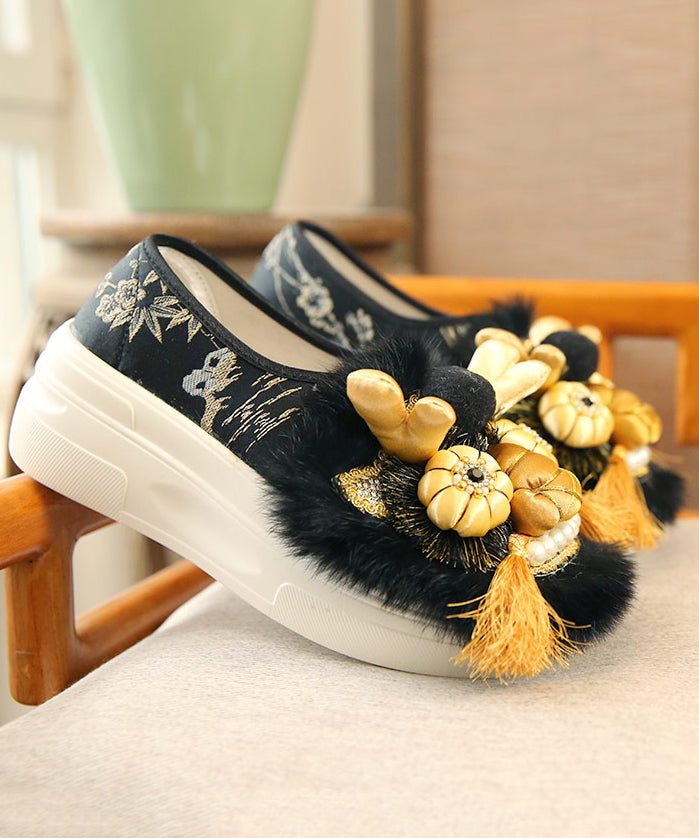 Handmade Faux Fur Splicing Platform Flats Black Embroidery