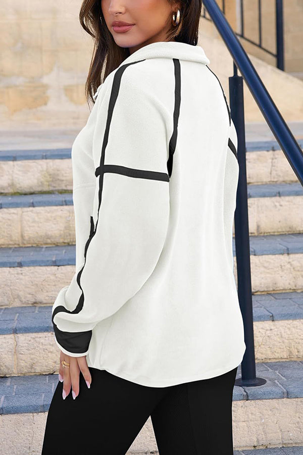 Color-blocked Trim Loose Casual Pocket Sweatshirt