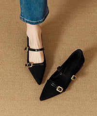 French Leopard Suede Flats Shoes Buckle Strap Pointed Toe