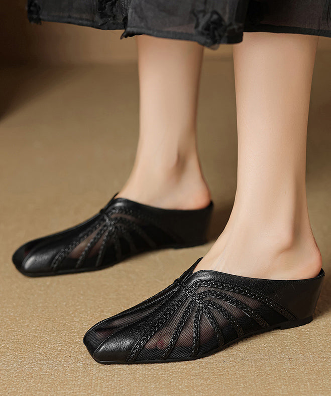 Chic Tulle Splicing Wedge Slide Sandals Gold Cowhide Leather