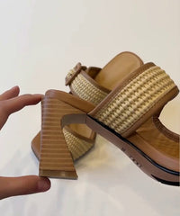 Chic Splicing Chunky Heel Brown Faux Leather Slide Sandals
