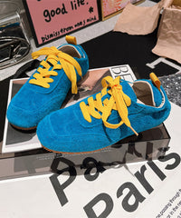 Casual Soft Comfy Blue Suede Flat Shoes Splicing Lace Up