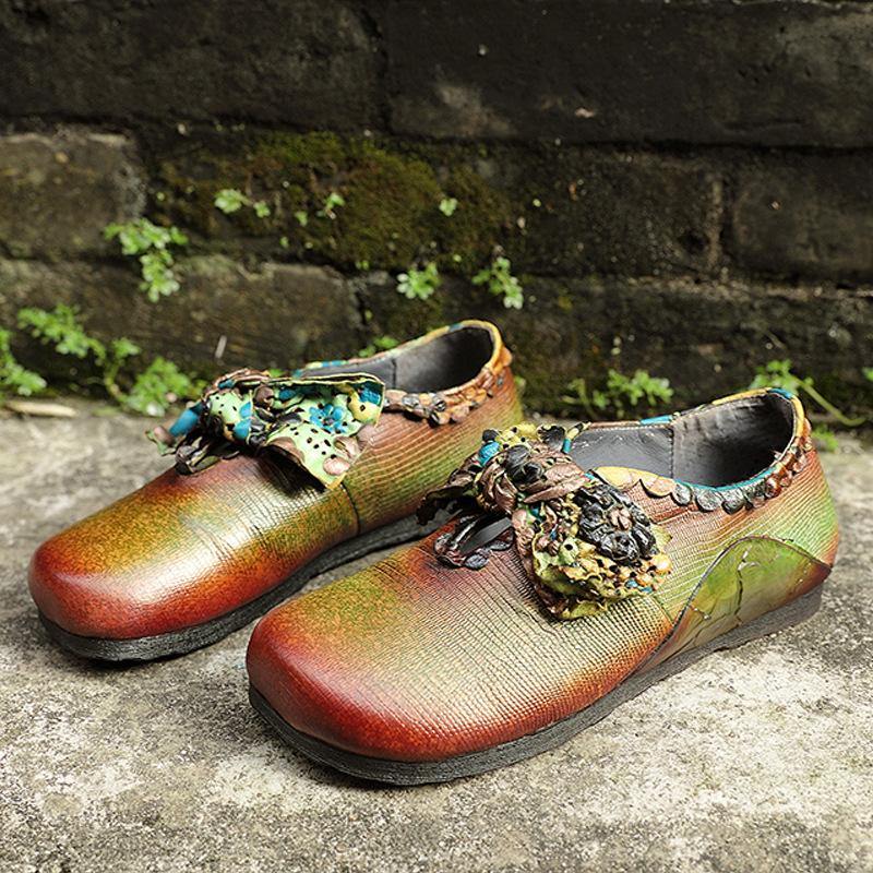 Red Flat Shoes Cowhide Leather Splicing Flat Shoes