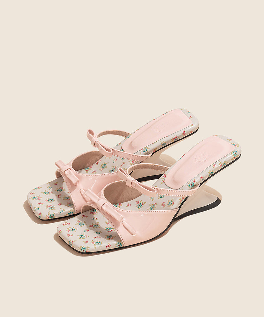 Bow Splicing Wedge Pink Faux Leather Slide Sandals Peep Toe