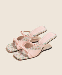 Bow Splicing Wedge Pink Faux Leather Slide Sandals Peep Toe