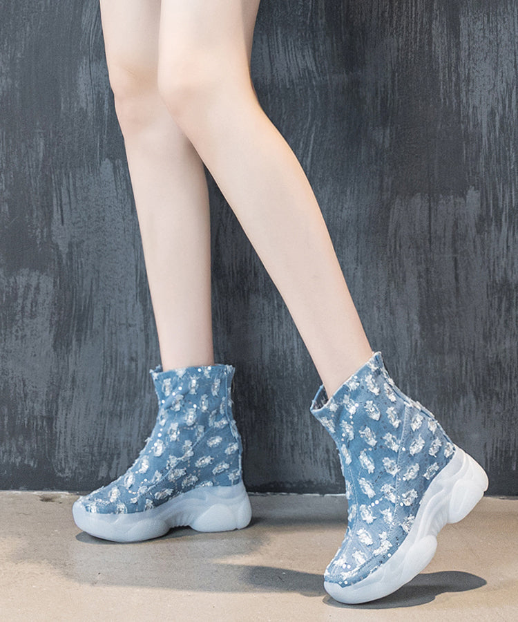 Baby Blue Cowboy Splicing Hollow Out Sequin Wedge High Wedge Heels Shoes